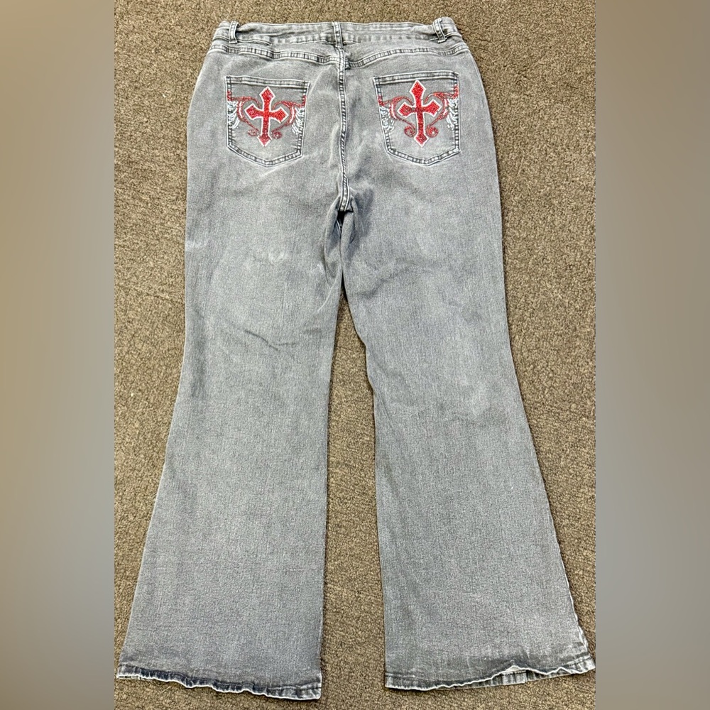 ROMWE Charcoal Grey High Waisted Jewel Embellished Flare Leg Jeans Size 2x